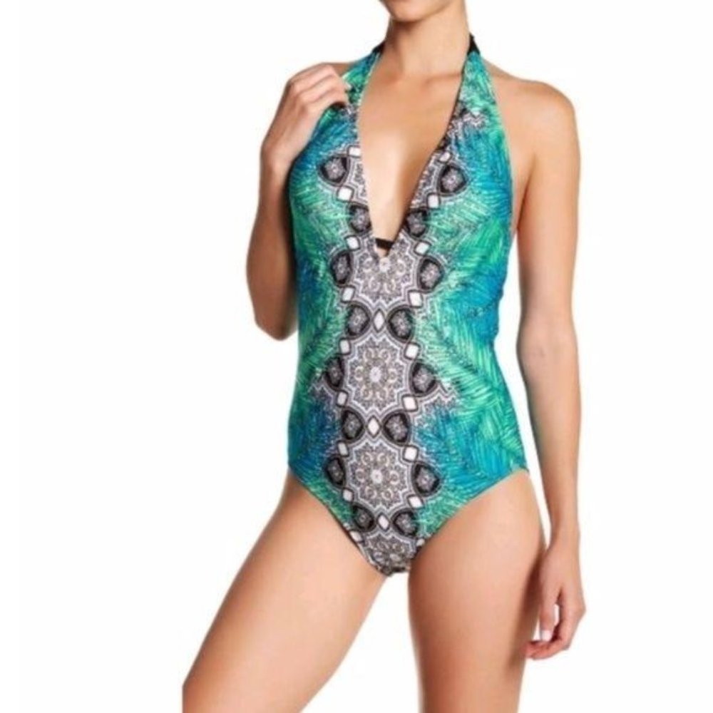 Laundry Plunge Halter Swimsuit Green/Blue Print